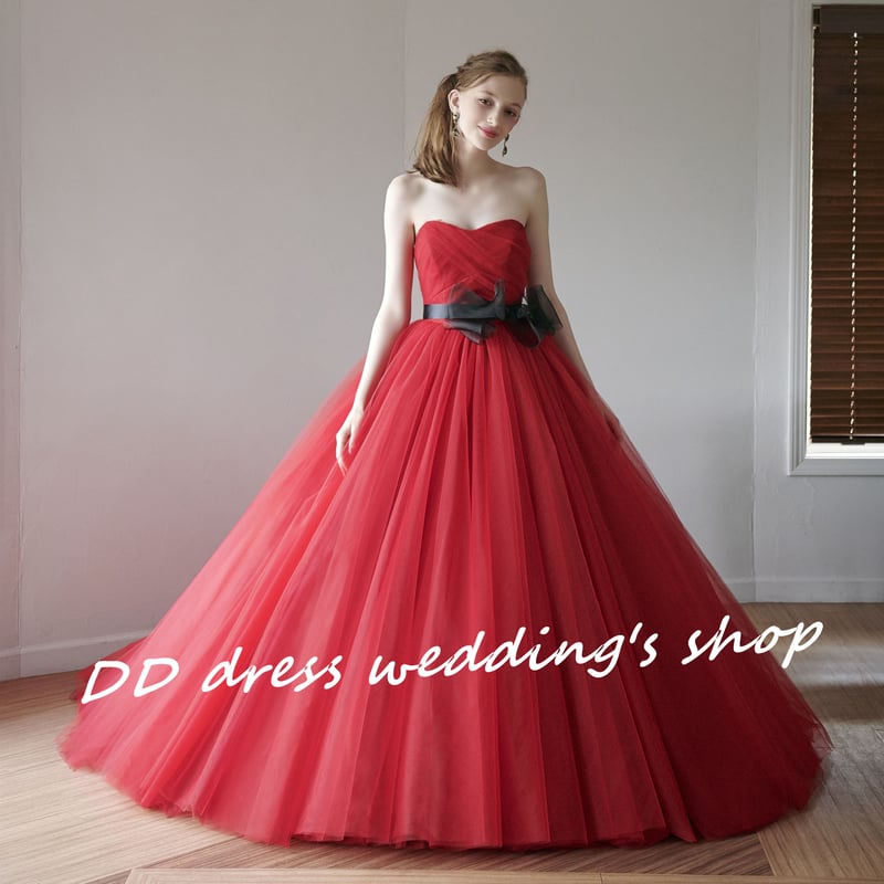 高品質！赤 ベアトップ カラードレス ソフトチュール プリンセスライン  