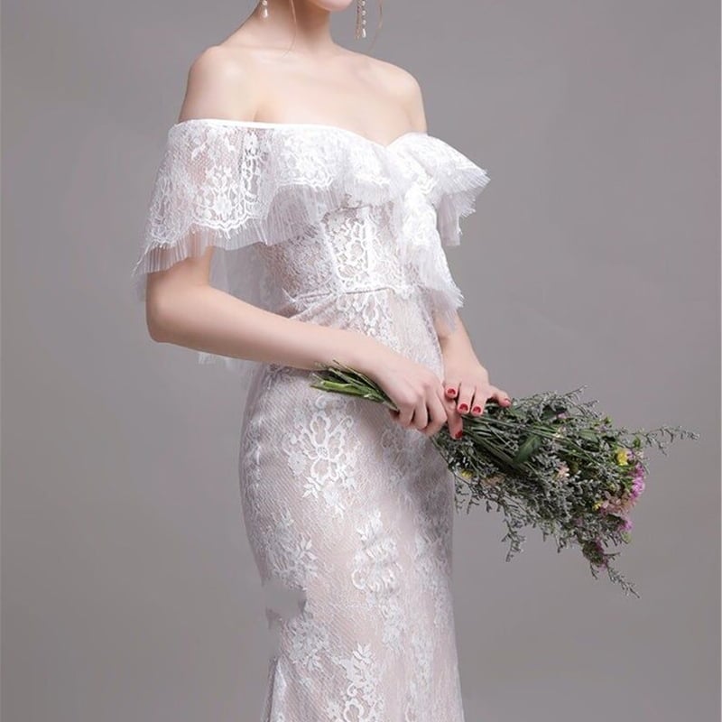 フランス風 ウエディングドレス 前撮り 薄シャンパンの色 レース 結婚  