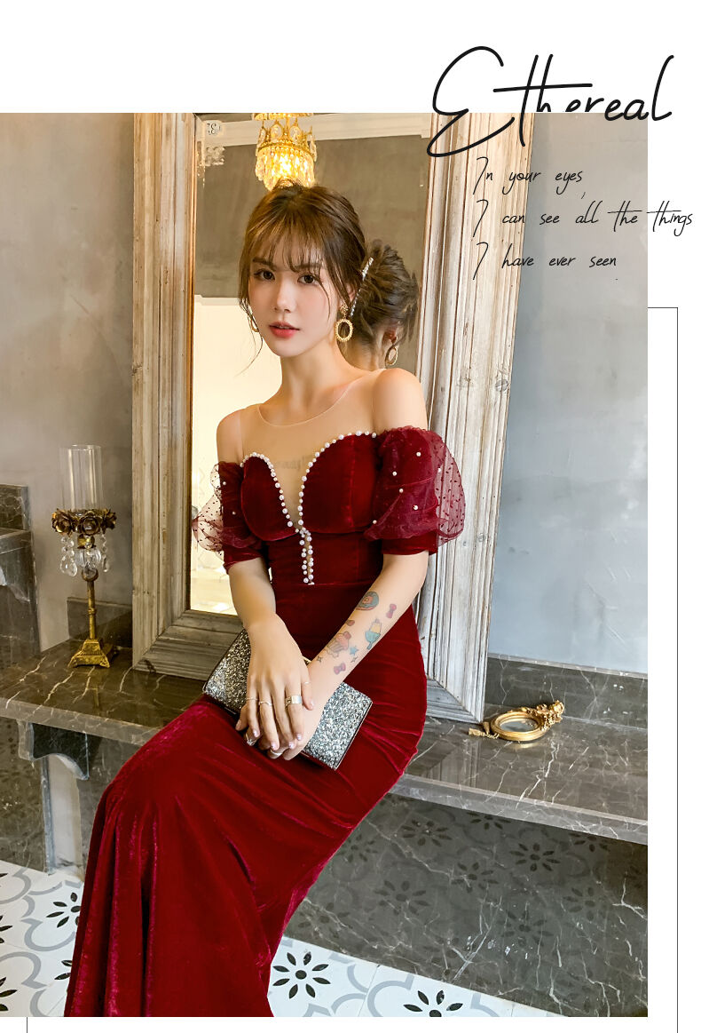 大人気上昇 パーティードレス ワインレッド 高級ベロア マーメイド  