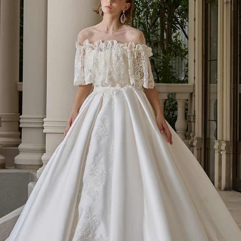 ウエディングドレス オフホワイト 取り外しオフショルダー ポンチョ