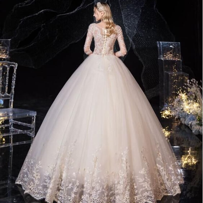 大人気上昇 ウエディングドレス シャンパン色 Vネックドレス 床付く 3D  