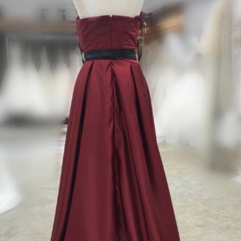 高品質！ カラードレス ワインレッド 光沢サテン ベアトップ サッシュ  