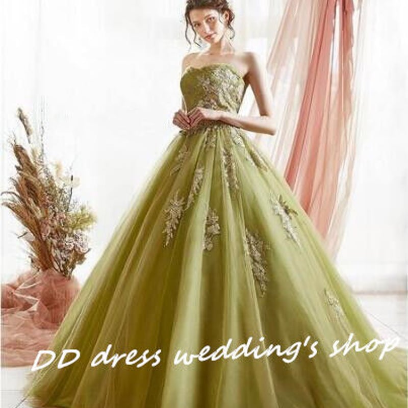 高品質！二次会 披露宴 カラードレス 薄グリーン ベアトップ 可愛い