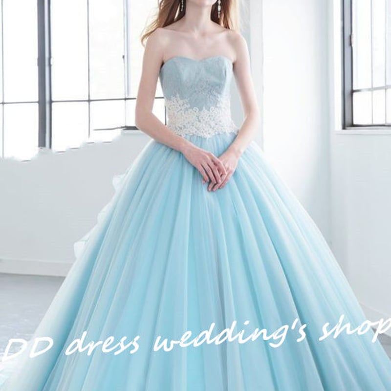 高品質！水色 ベアトップ カラードレス ソフトチュール プリンセス  
