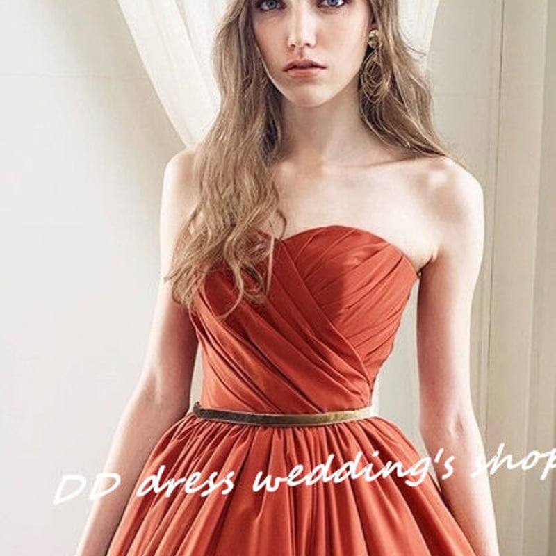 ドレスプロダクション♡テラコッタドレス 高品質！ カラードレス テラコッタ色 3D立体レース刺繍 トレーン