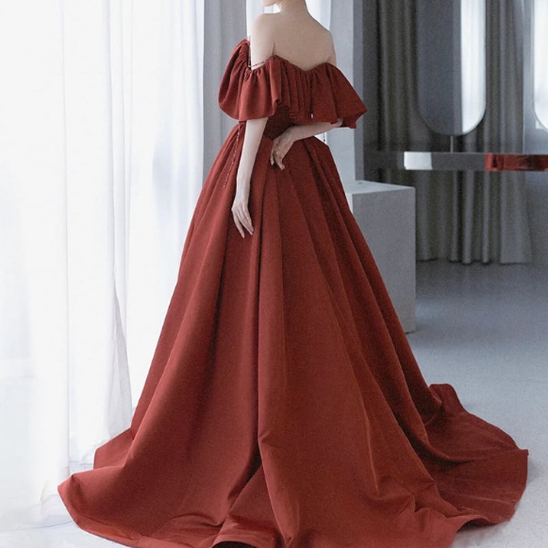 抜群のおしゃれ見え カラードレス テラコッタ色 オフショルダー  