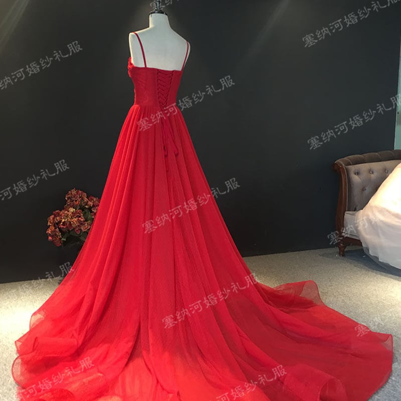 高品質！パーティードレス 赤 キャミソール ロングトレーン 憧れのドレ  