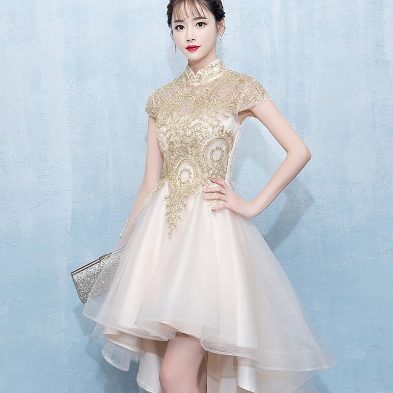 上品！パーティードレス ゴールド フィッシュテール 高級刺繍