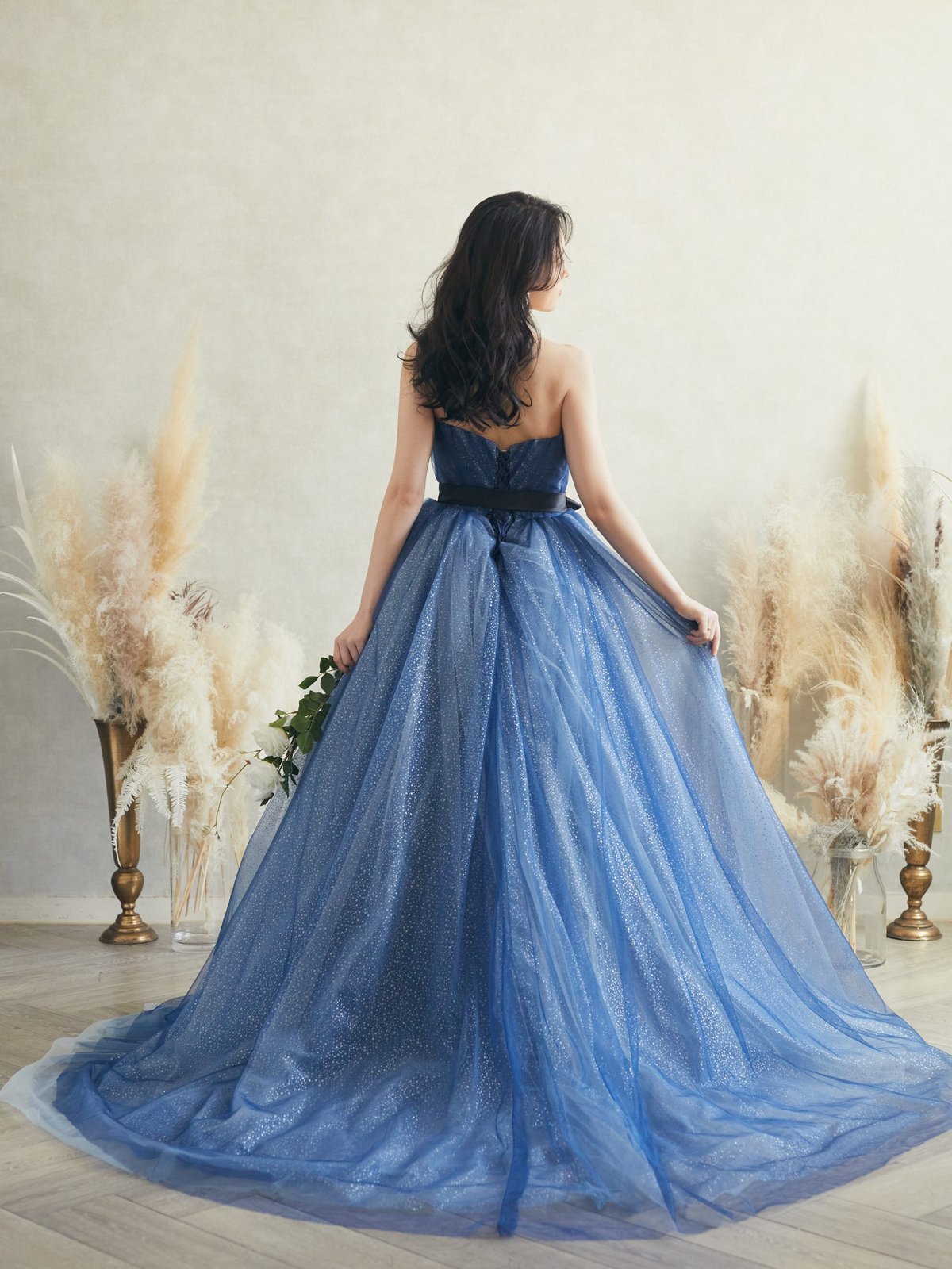 カラードレス ネイビー サッシュベルト キラキラグリッターチュール  