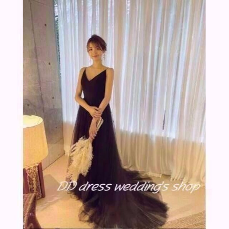 高品質！キャミソール パーティードレス 黒 ソフトチュール 短トレーン  
