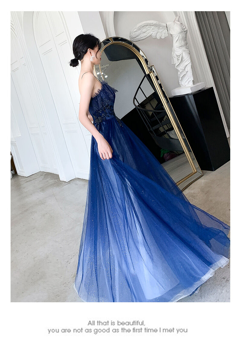 上品！パーティードレス 青 キャミソール 上質オーガンジー 2次会 謝恩  