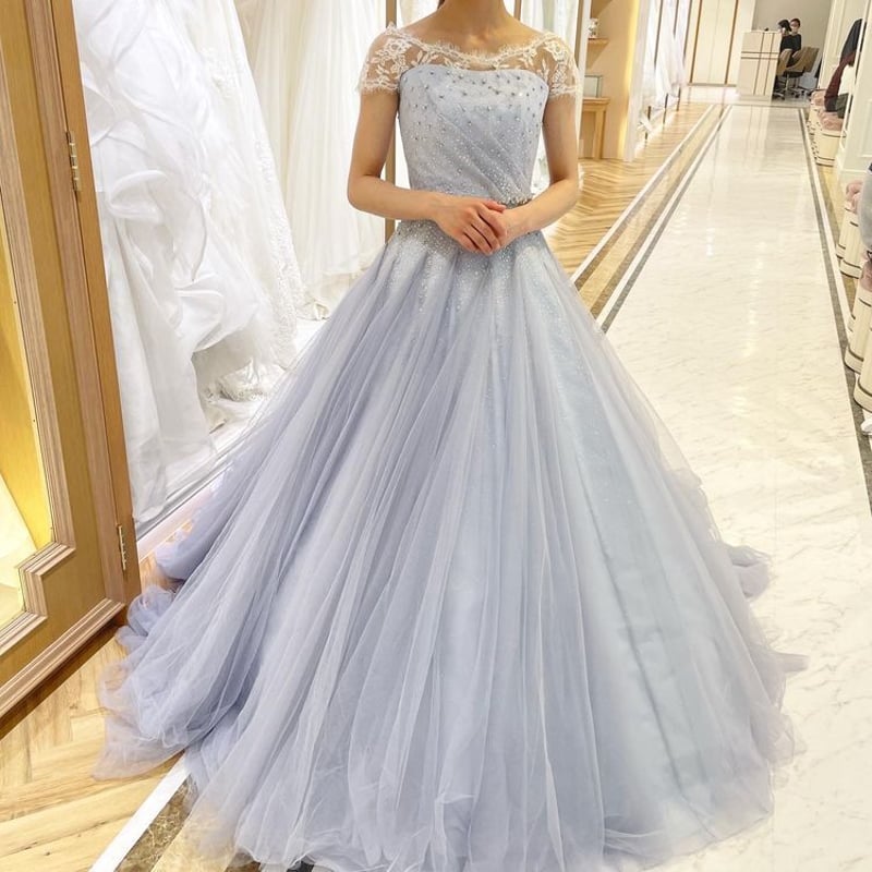 カラードレス ブルーグレー チュール 華やか かわいい 披露宴/結婚式  