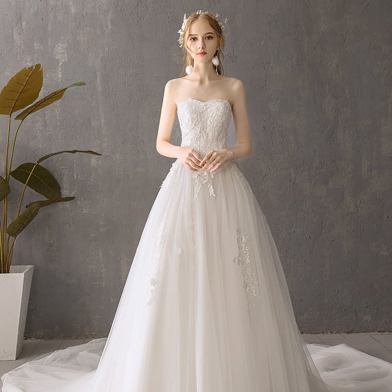 ウエディングドレス ホワイト 上質オーガンジー ベアトップ 高品質  