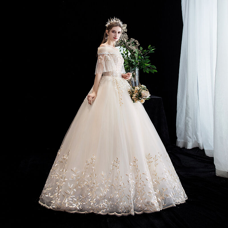 高品質！ウエディングドレス シャンパン色 オフショル Aライン 憧れの