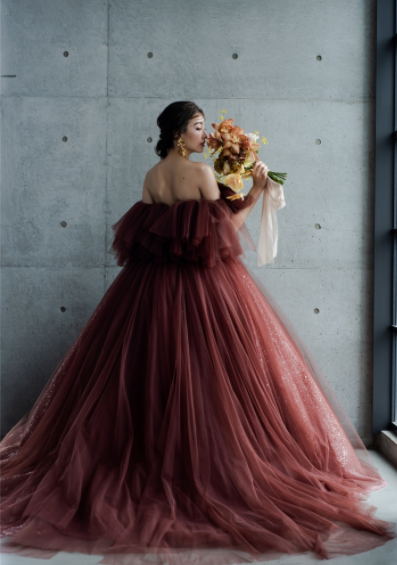 カラードレス テラコッタ色 オフショルダー チュール 二次会 演奏会