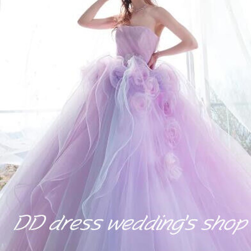 高品質！カラードレス ベアトップ 薄ピンク紫 上質オーガンジー  