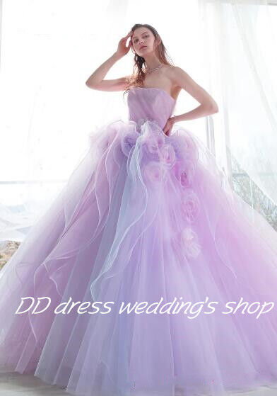 高品質！カラードレス ベアトップ 薄ピンク紫 上質オーガンジー  