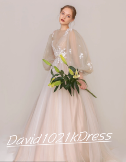 カラードレス アンズの色 前撮り シースルー袖 小花レース 花嫁