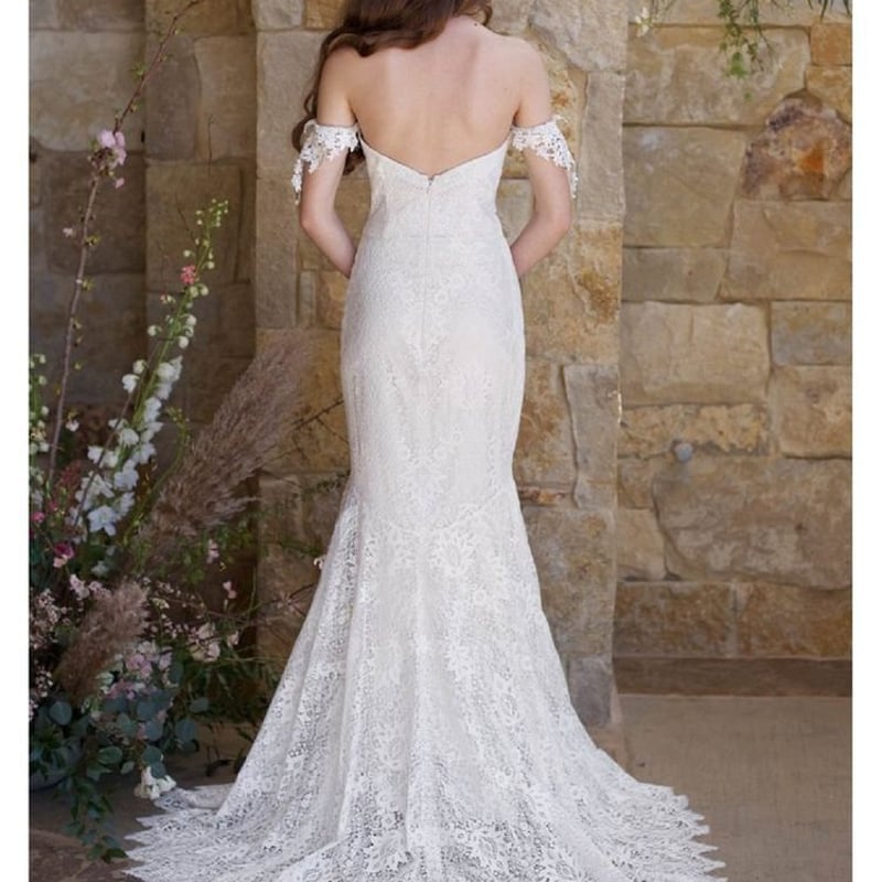 フランス風 ウエディングドレス オフショルダー Aライン ミニトレーン  