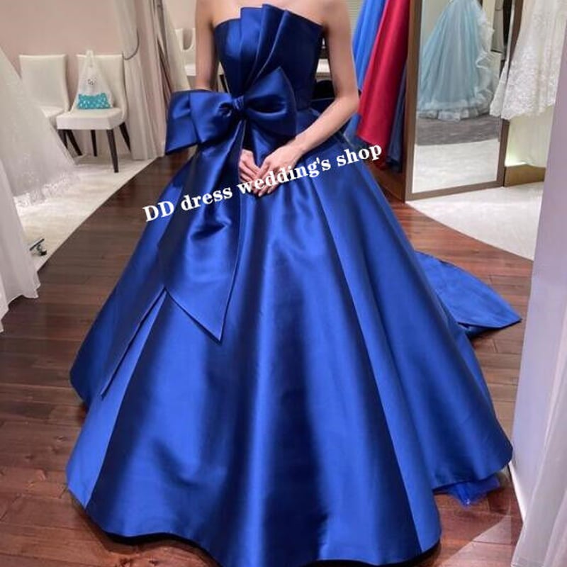 高品質！ パーティードレス 青 ベアトップ 高級イタリアサテン