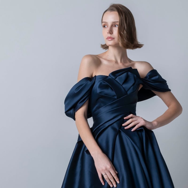 カラードレス ブルー 編み上げ オフショルダー ふっくら柔らかなバッ