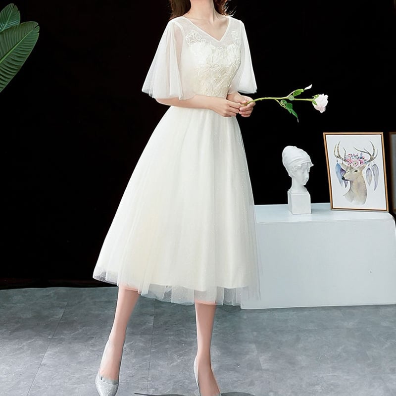 カラードレス シャンパン色 上質オーガンジー スパンコール Vネック V  