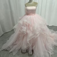 カラードレス  ピンク 上質オーガンジー  アシンメトリードレス  ビスチェドレス  ふっくら柔らかなバックリボン  華やかなトレーン  結婚式