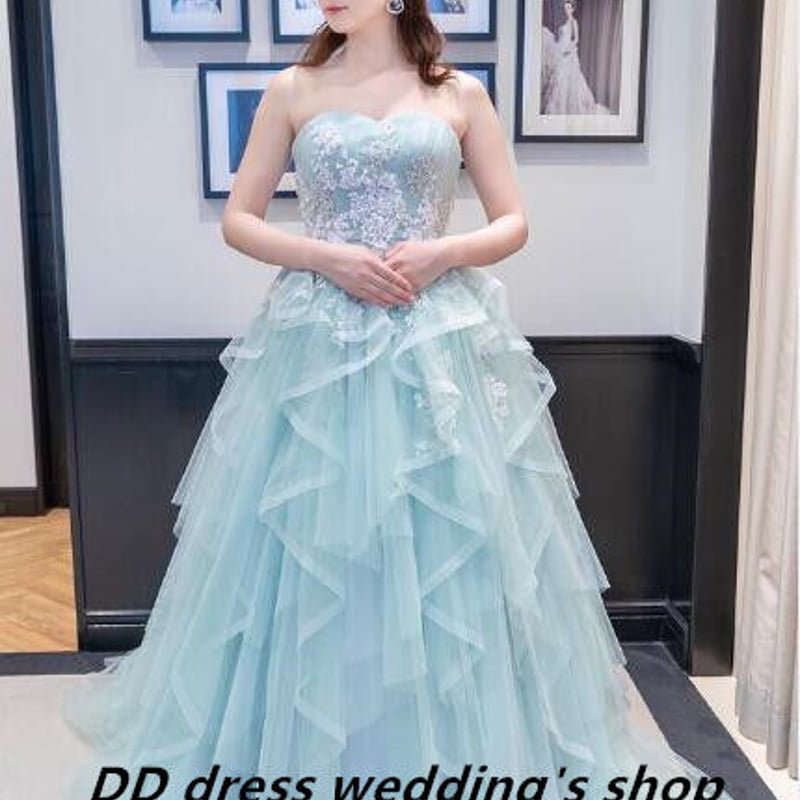 フランス風 カラードレス ブルー 高級刺繍 プリンセスライン ベア  