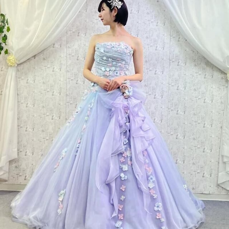 カラードレス 花モチーフ オーキッド ベアトップ ミニトレーン