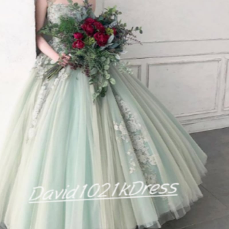 カラードレス 薄グリーン 3D立体レース刺繍 ベアトップ 挙式（フランス  