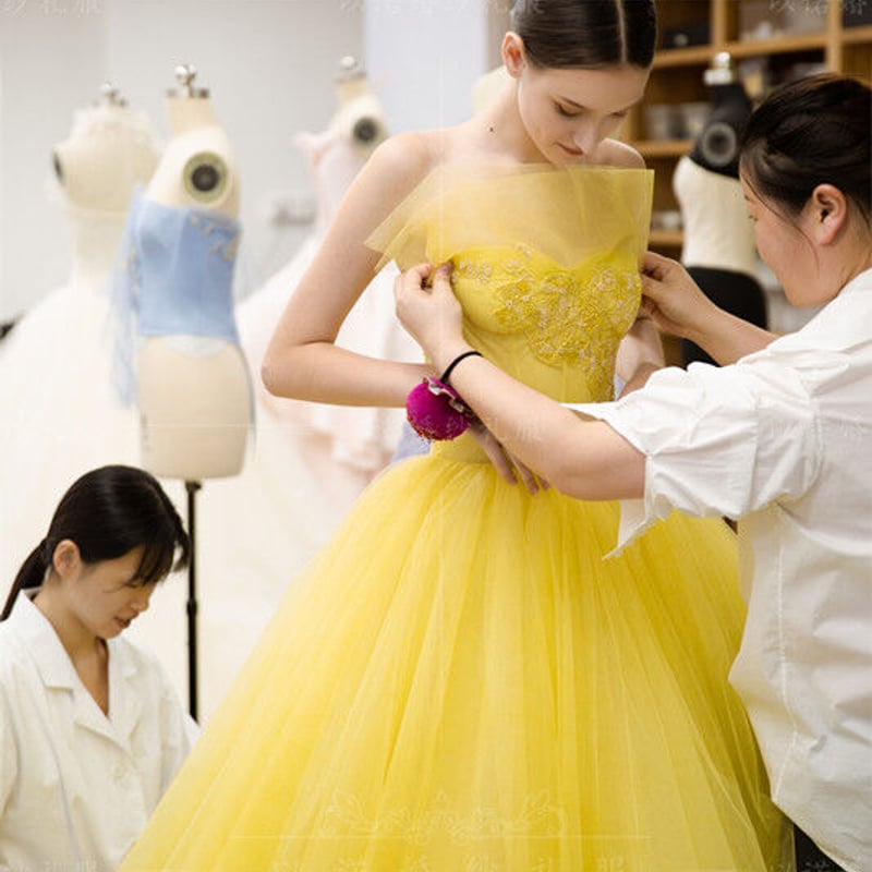 高品質！カラードレス パステルイエロー ベアトップ ソフトチュール  