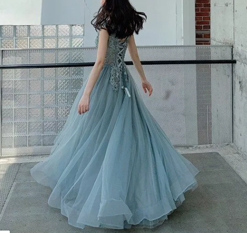 青色 花柄 Aラインロングドレス　パーティードレス missswteet1122_cd4163