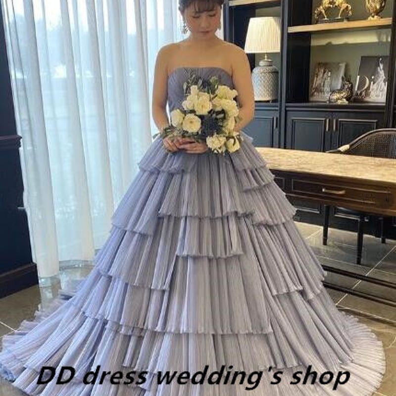 フランス風 カラードレス ブルーグレー ベアトップ プリンセスライン  