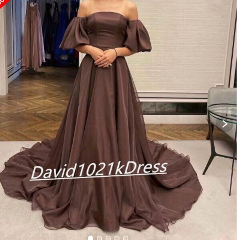 ブラウンカラードレス ベアトップ パフスリーブ トレーン エイ 姫袖 