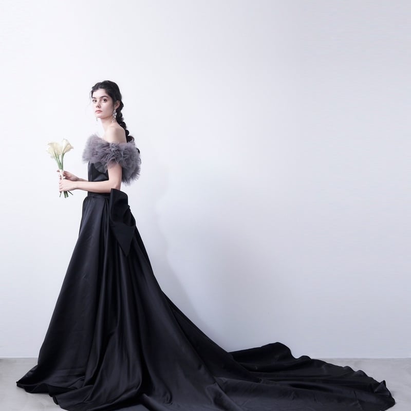 色直し パーティードレス 黑 ベアトップ リボン サテン スレンダー  