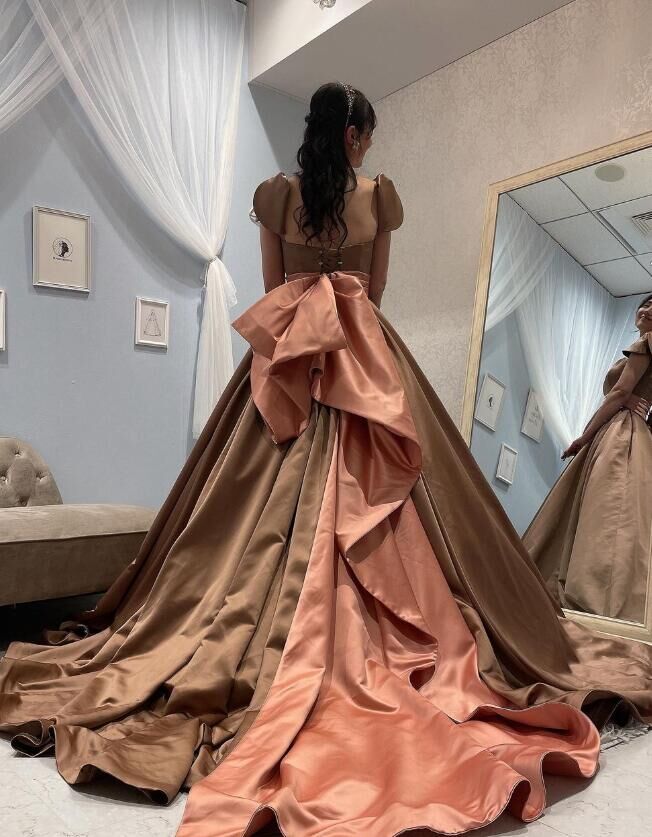 パーティードレス コーヒーの色 フレンチスリーブ ラッフルフリル  