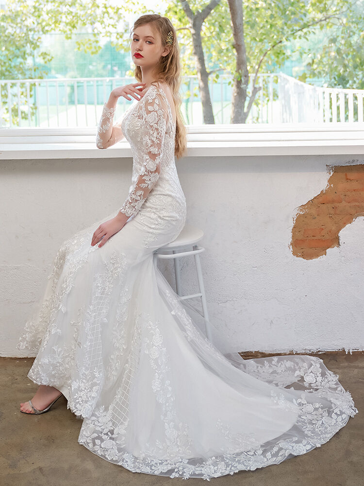 憧れのドレス 花嫁 パーティードレス 長袖 枝花刺繍 マーメイドライン