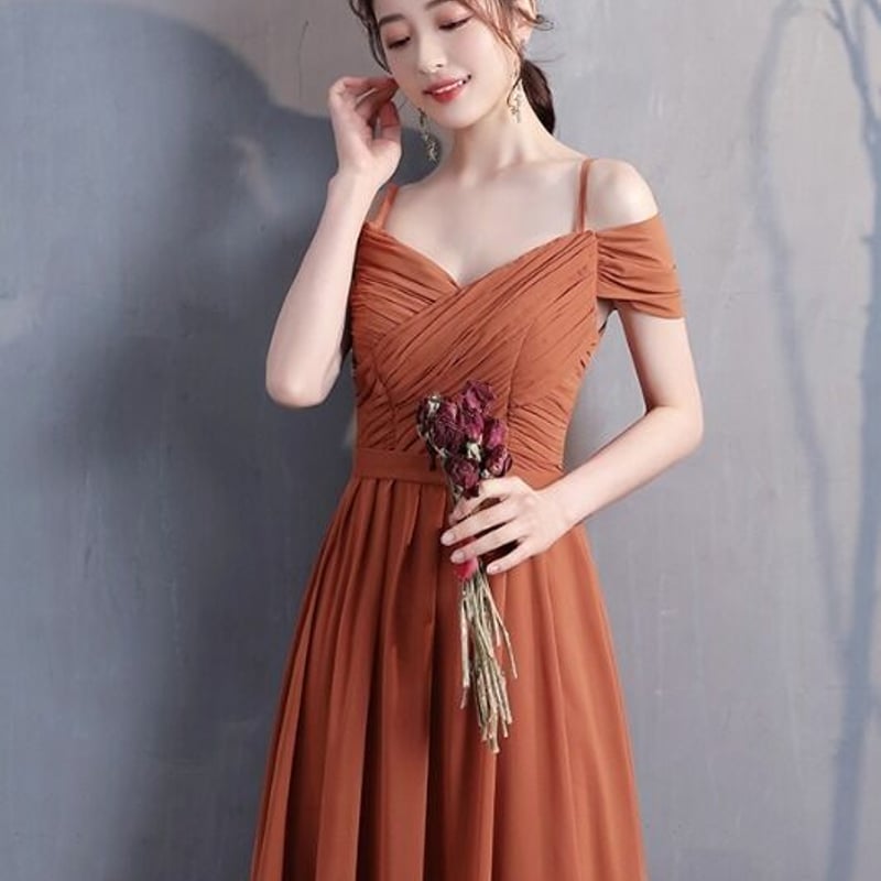 テラコッタ色 キャミソール スレンダーライン パーティドレス 2次会  