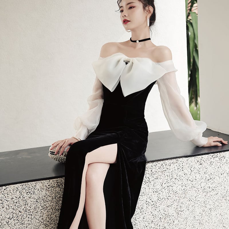 黒オフショルドレス　演奏会　パーティー 高品質！パーティードレス ブラック オフショルダー キラキラ