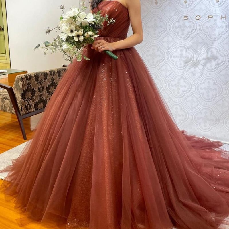 カラードレス ベアトップ コーヒーの色 キラキラグリッターチュール 素  