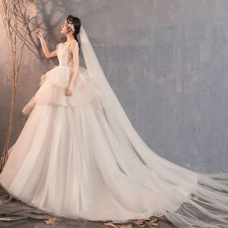 カラードレス 薄シャンパンの色 上質オーガンジー プリンセスライン  