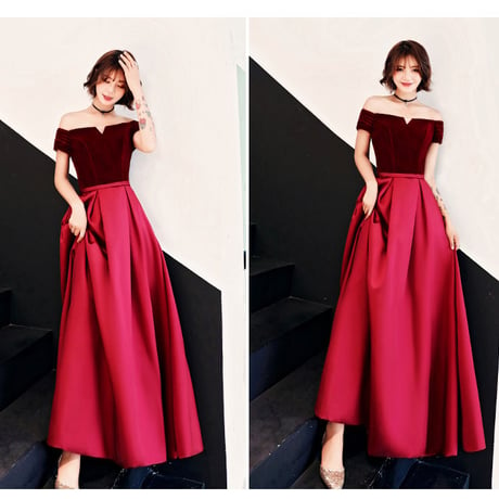 カラードレス ワインレッド 高級ベロア 光沢サテン オフショル エレガント ロング イブニングドレス