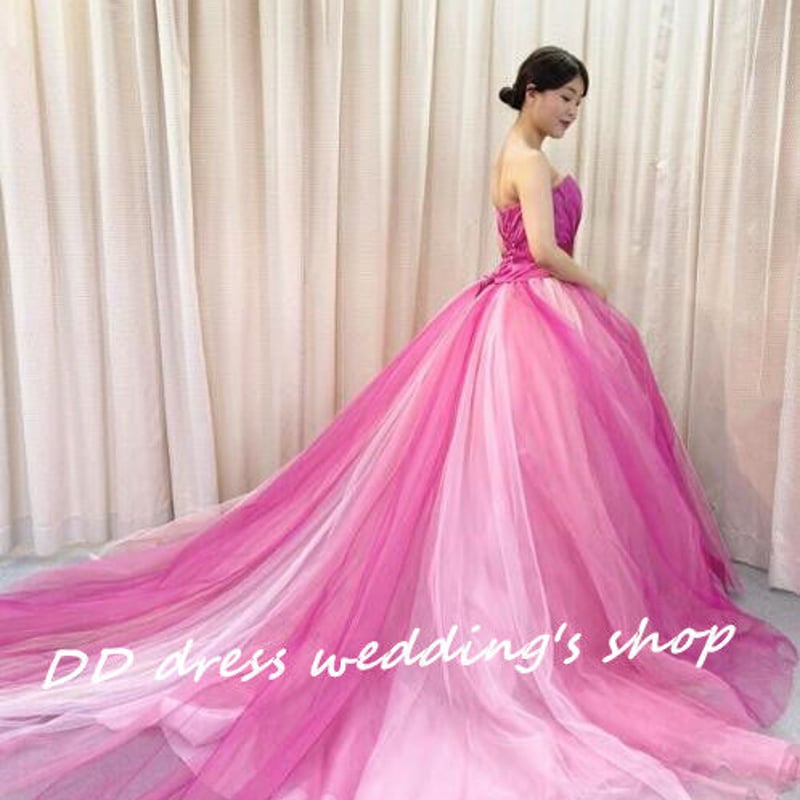 高品質！カラードレ ビビッドピンク ベアトップ 挙式 プリンセスライン  