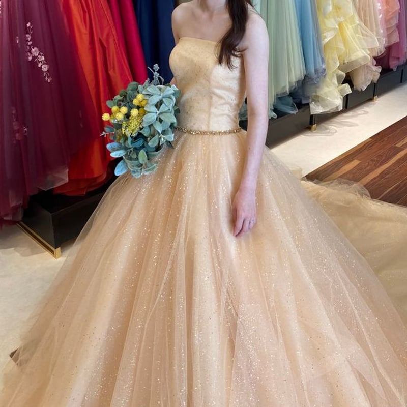 高品質！ ウェディングドレス 薄イエロー Vネック トレーン 挙式（高  