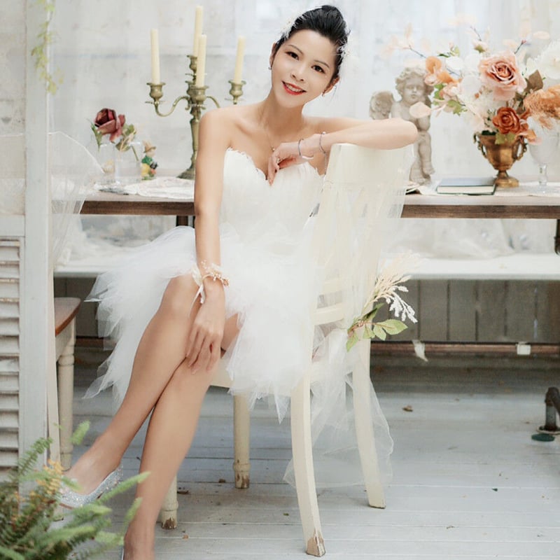 大人気上昇 ベアトップ パーティードレス オフホワイト ソフトチュール  