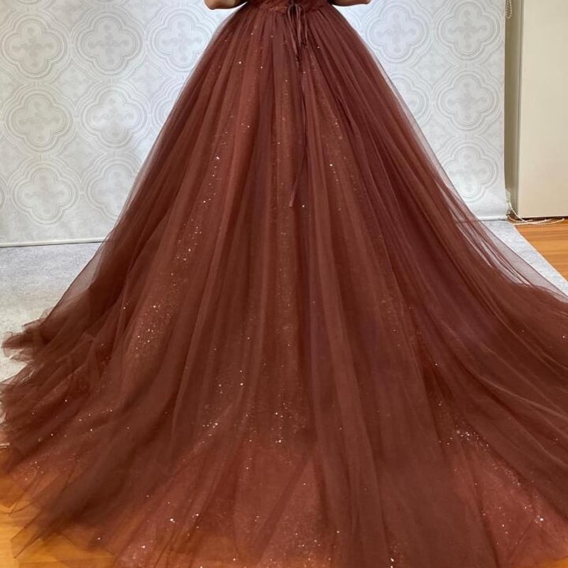 カラードレス ベアトップ コーヒーの色 キラキラグリッターチュール 素  