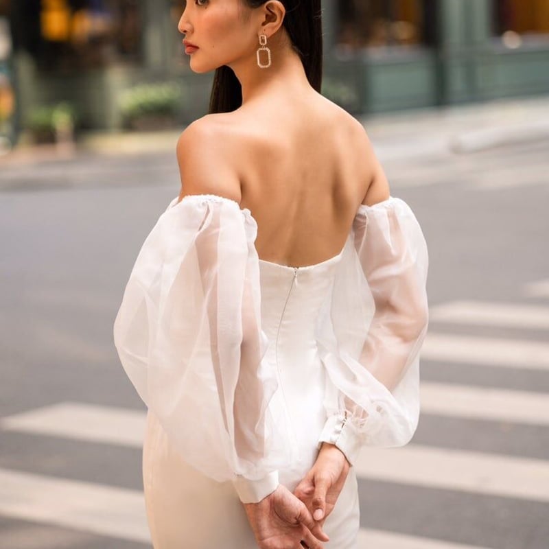 上品！ パーティードレス ホワイト ベアトップ マーメイドライン 姫袖  