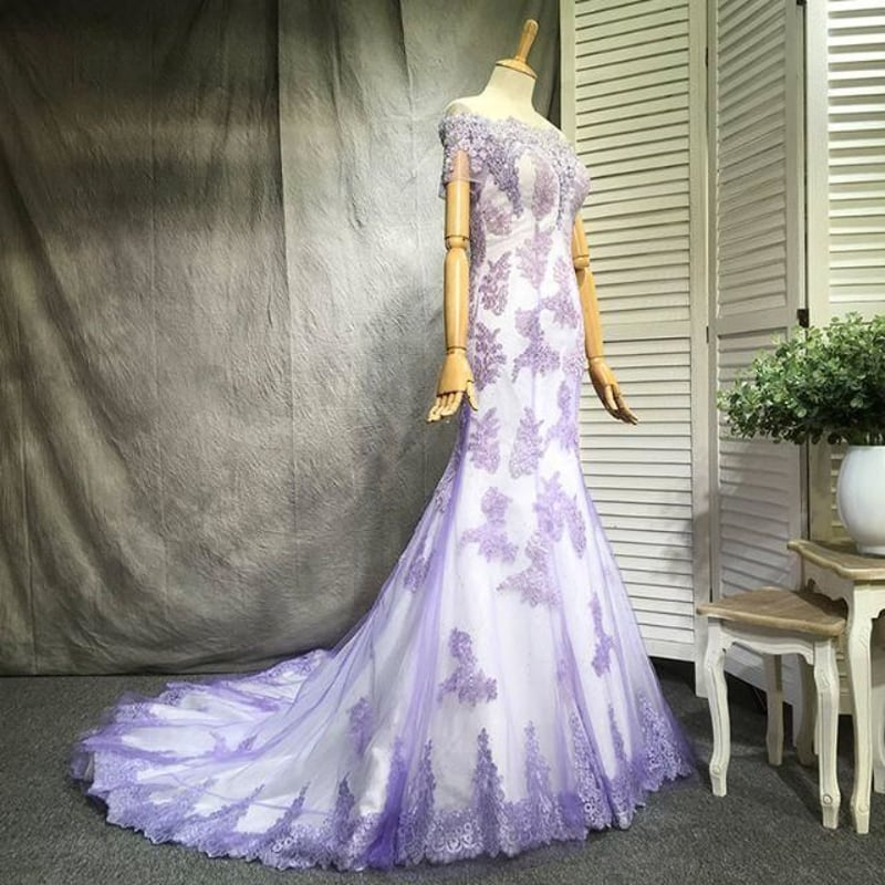 Wedding dress マーメイド 紫 ドレス 薄紫 カラードレス トレーン 