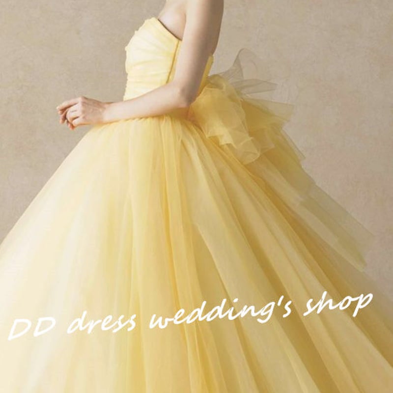 高品質！ ベアトップ カラードレス 薄イエロー プリンセスライン 2次会  