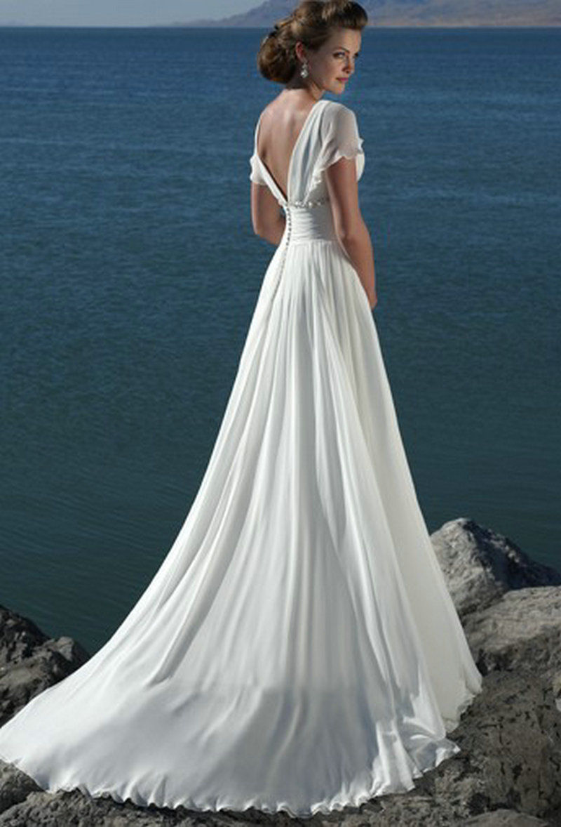 ウエディングドレス ホワイト ふんわりシフォン 深Vネックド タンク  